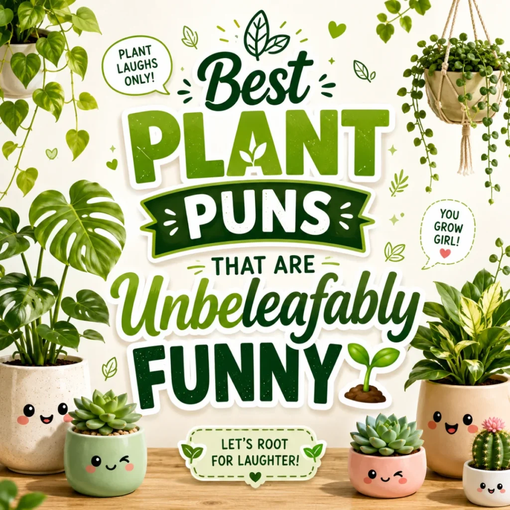 Square graphic featuring cheerful potted plants and the text “Best Plant Puns That Are Unbeleafably Funny.”