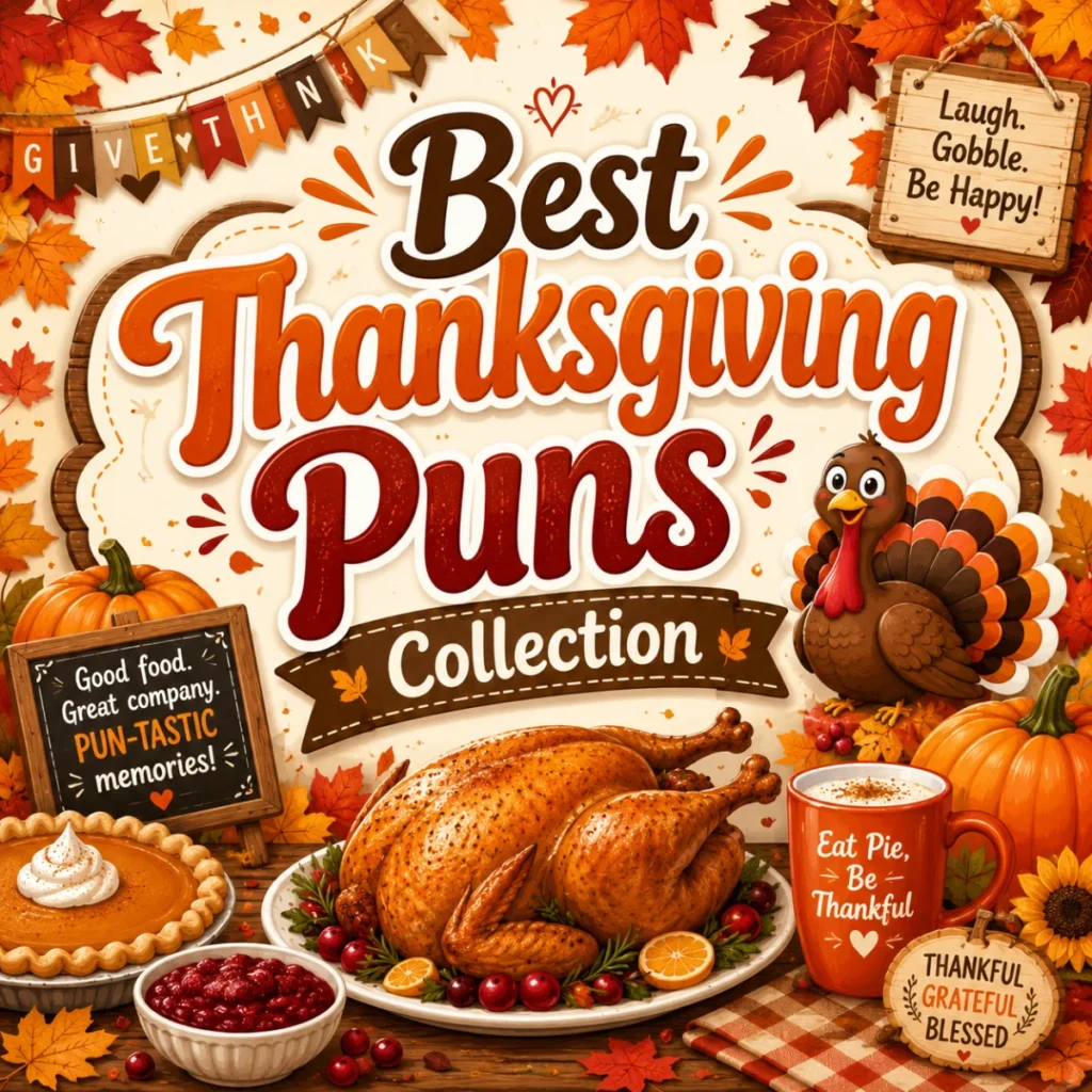Best Thanksgiving Puns Collection graphic with a cute turkey, roasted turkey, pumpkin pie, pumpkins, cranberries, and colorful autumn leaves.