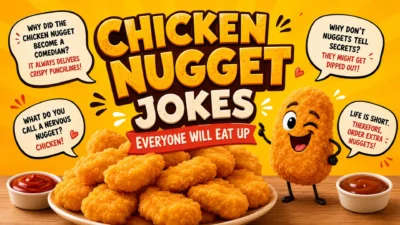 A cheerful cartoon chicken nugget mascot standing beside a plate of crispy chicken nuggets with funny speech bubbles, promoting Chicken Nugget Jokes Everyone Will Eat Up.