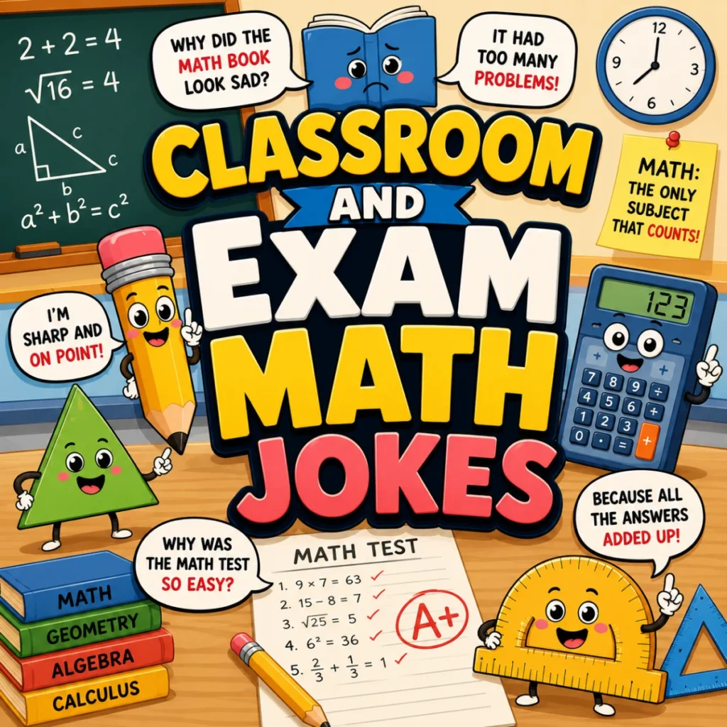 Colorful 1200×1200 classroom-themed illustration featuring a math test, calculator, pencil, chalkboard, geometry tools, and the title "Classroom and Exam Math Jokes" for a funny math jokes collection.