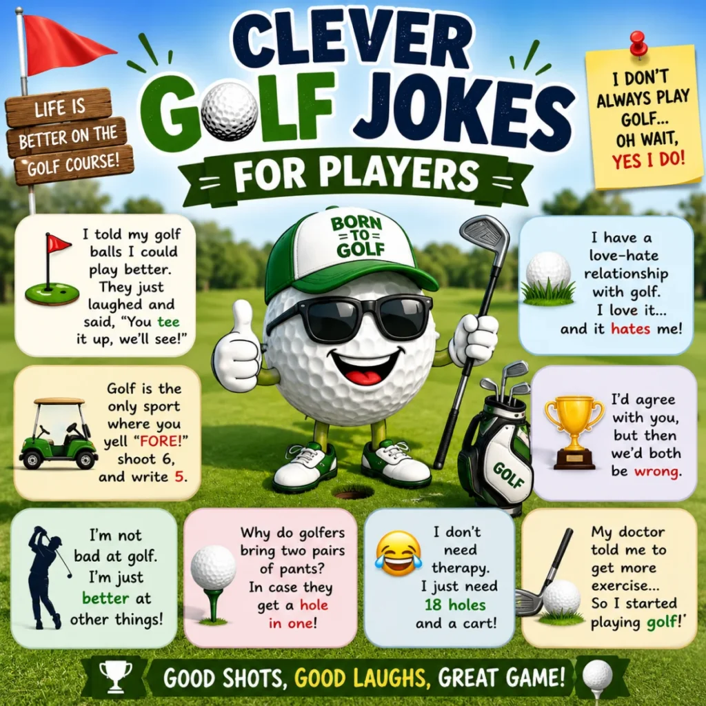 Clever Golf Jokes for Players illustration featuring a smiling golf ball character, golf clubs, golf cart, trophy, and funny golf jokes on a sunny golf course.