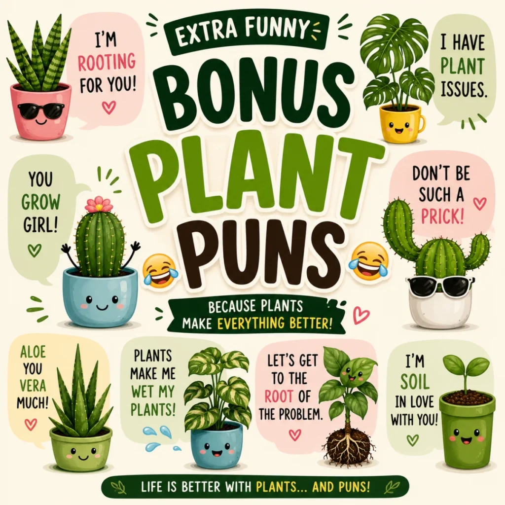 Colorful extra funny bonus plant puns graphic featuring cute cartoon plants, cacti, speech bubbles, and playful gardening jokes.