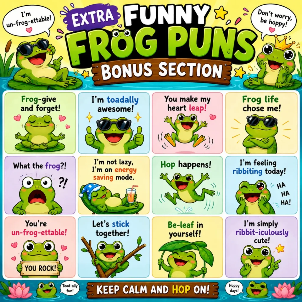 Extra Funny Frog Puns Bonus Section illustration featuring a laughing cartoon frog on a lily pad with hilarious frog puns, spark effects, dragonflies, and a colorful pond background.