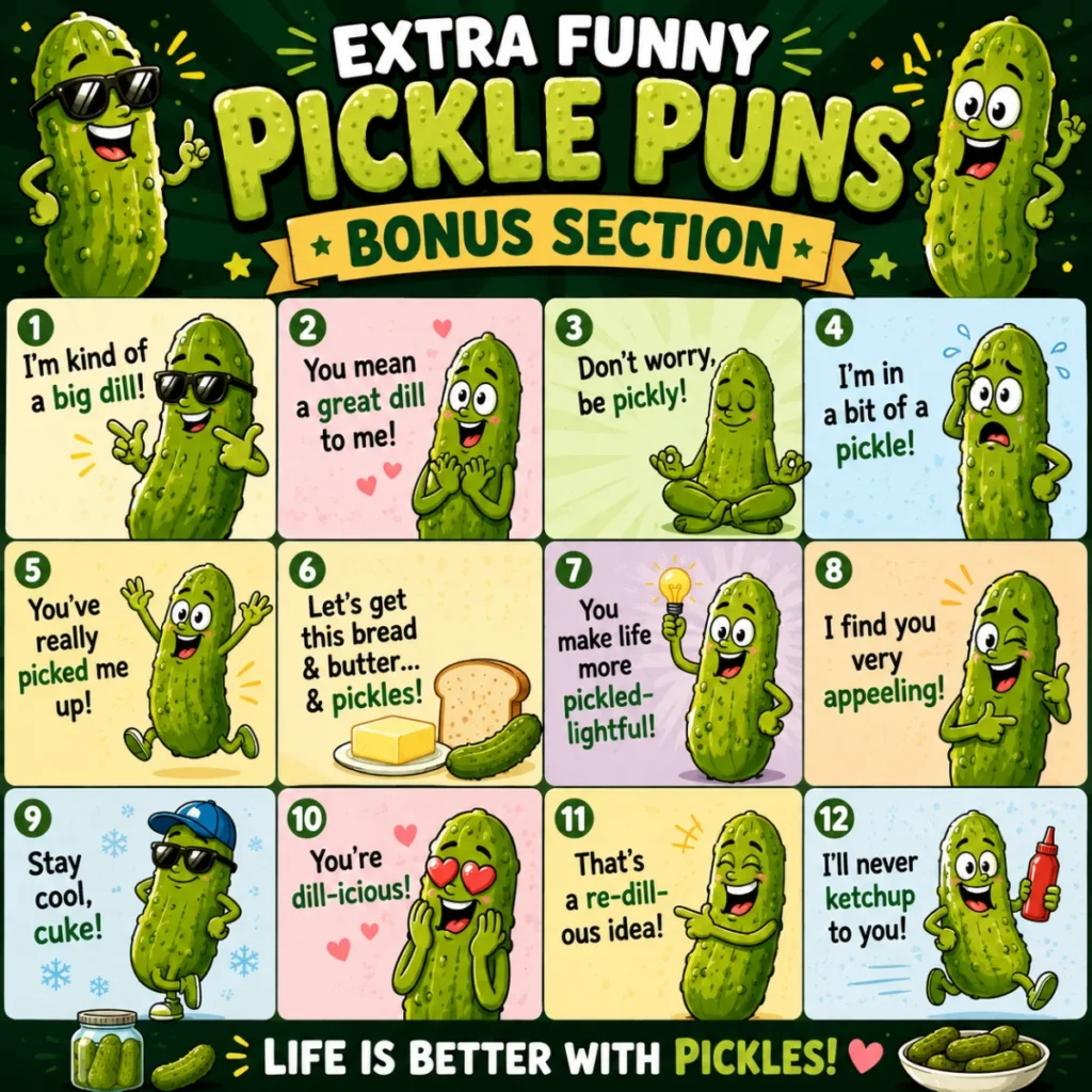 Extra funny pickle puns bonus section featuring laughing cartoon pickles, pickle jars, and silly food-themed humor.