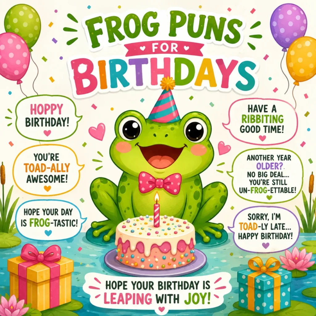 Frog Birthday Puns illustration featuring a happy cartoon frog with a birthday cake, balloons, party hat, lily pads, and funny frog-themed birthday wishes.