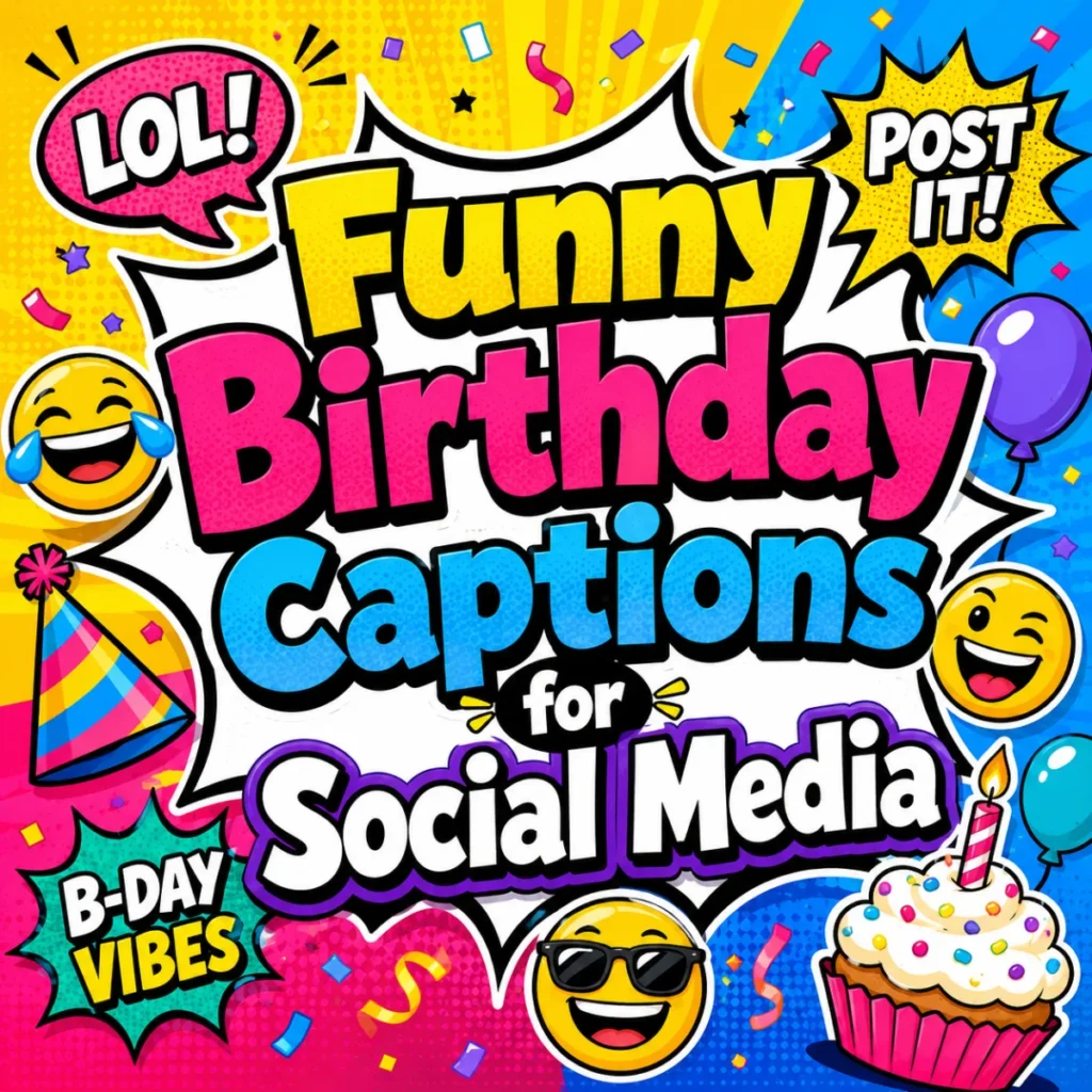 Funny birthday captions for social media with a birthday cake, colorful balloons, confetti, party decorations, and friends taking fun celebration selfies.