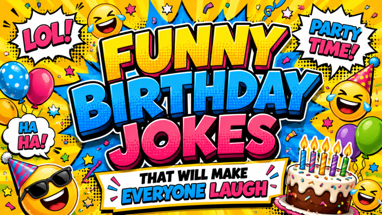 Funny birthday jokes illustration with friends laughing, balloons, birthday cake, colorful decorations, and a joyful party atmosphere.