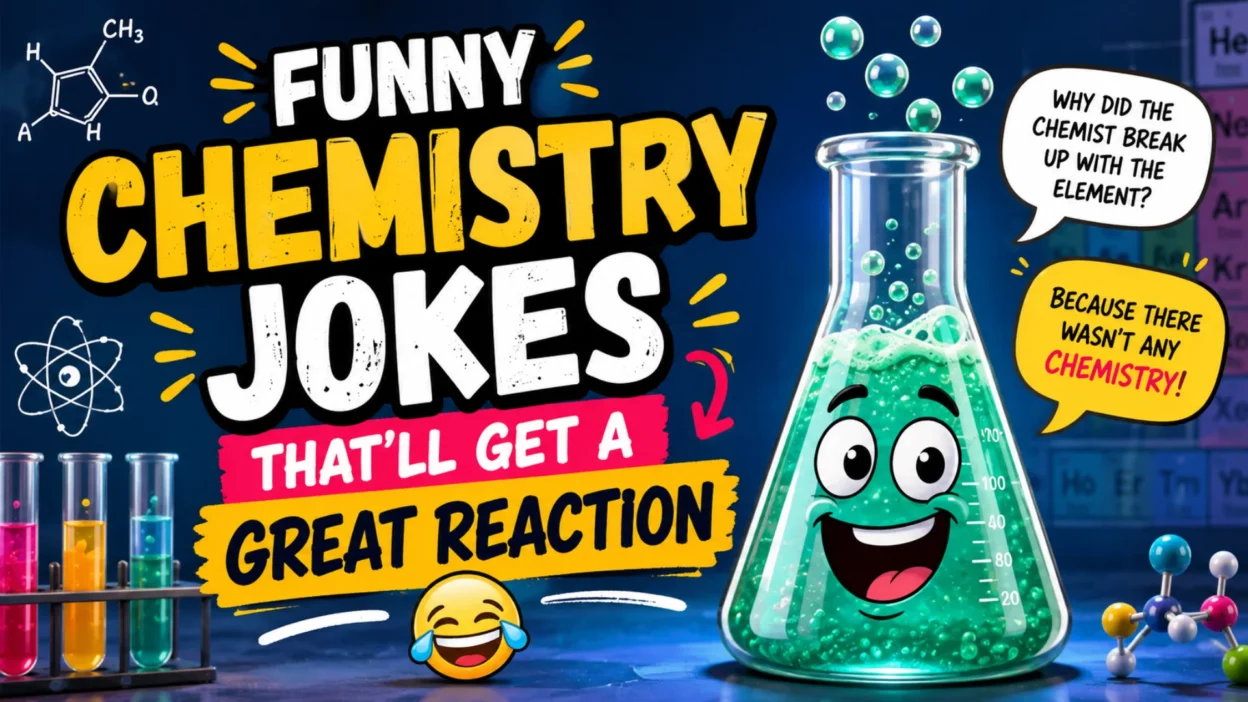 Funny chemistry jokes illustration featuring a smiling laboratory flask, colorful test tubes, atoms, and science-themed humor with the title "Funny Chemistry Jokes That'll Get a Great Reaction."