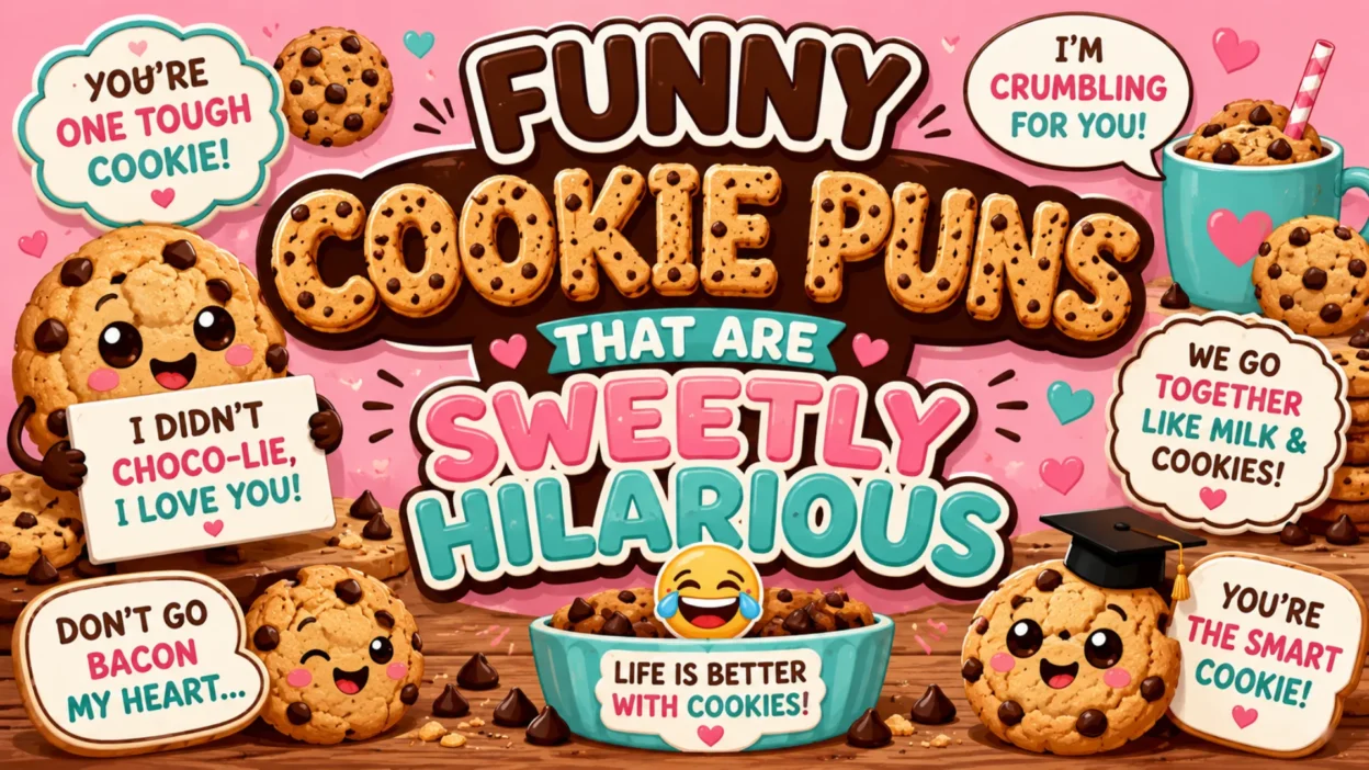 Colorful banner featuring smiling chocolate chip cookies, playful dessert-themed illustrations, and funny cookie puns in a cheerful bakery-inspired setting.
