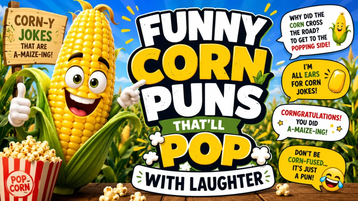 Smiling cartoon corn character with funny corn puns, popcorn, comic speech bubbles, and colorful typography in a bright cornfield background.