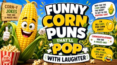 Smiling cartoon corn character with funny corn puns, popcorn, comic speech bubbles, and colorful typography in a bright cornfield background.