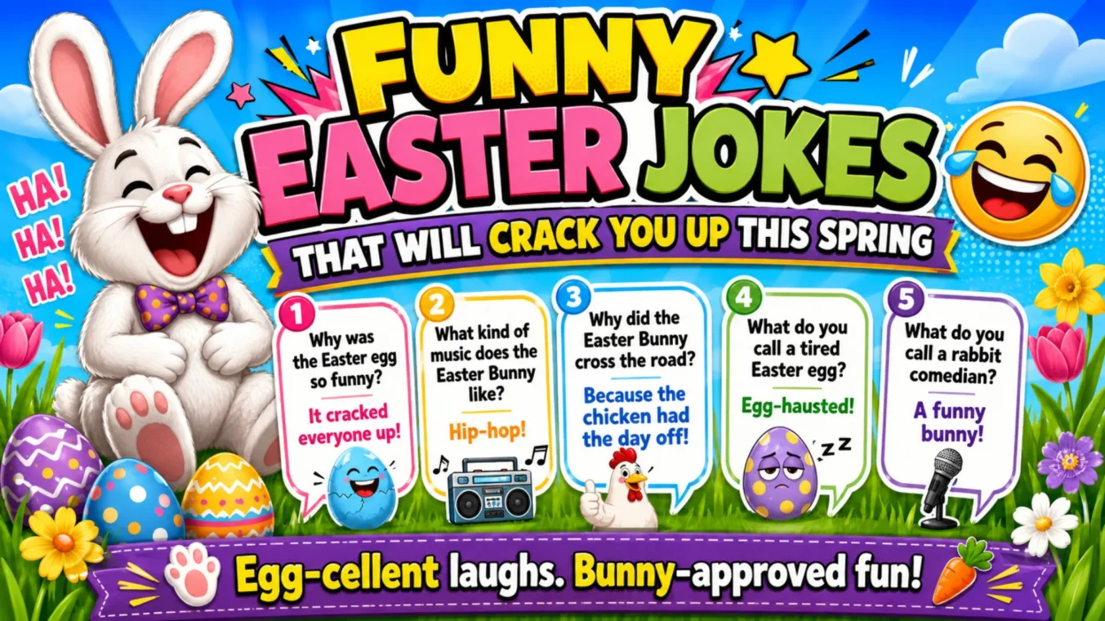 Funny Easter jokes with colorful Easter eggs, a smiling bunny, and cheerful spring decorations.