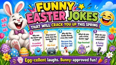 Funny Easter jokes with colorful Easter eggs, a smiling bunny, and cheerful spring decorations.