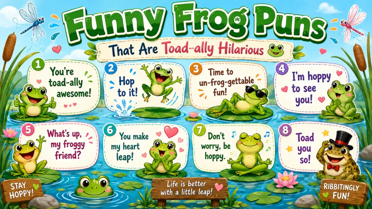 Funny Frog Puns illustration featuring a happy cartoon frog sitting on a lily pad with playful frog puns, cattails, dragonflies, and a colorful pond background.
