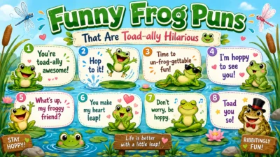 Funny Frog Puns illustration featuring a happy cartoon frog sitting on a lily pad with playful frog puns, cattails, dragonflies, and a colorful pond background.
