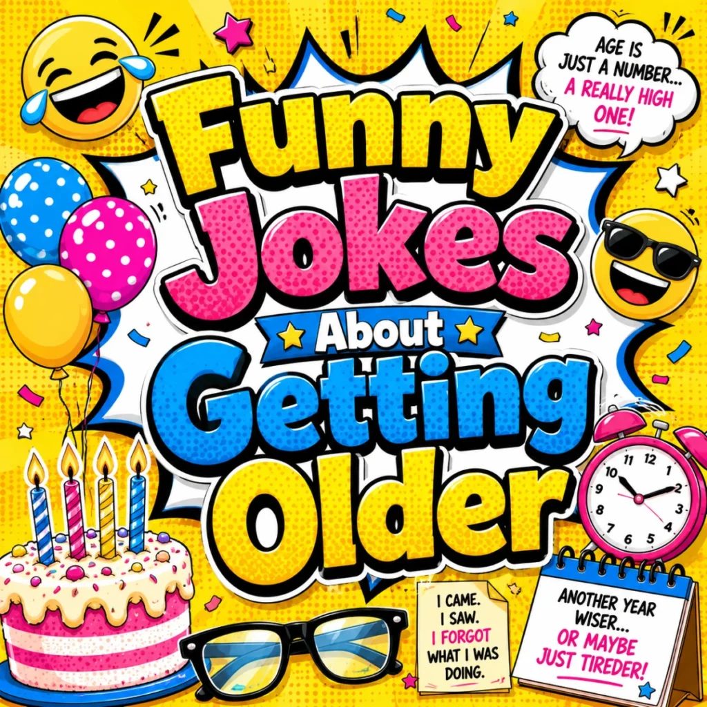 Funny jokes about getting older featuring a smiling birthday celebrant with a cake, candles, gray hair, balloons, and friends laughing together.