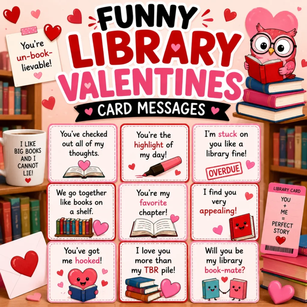 Colorful square illustration featuring funny library Valentine's card messages with books, hearts, library cards, love notes, and cute reading-themed Valentine puns.