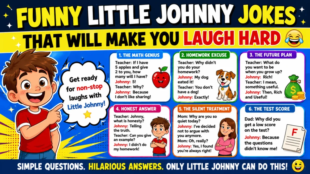 Funny Little Johnny telling a hilarious joke in a classroom while classmates and the teacher laugh together in a lighthearted, family-friendly scene.