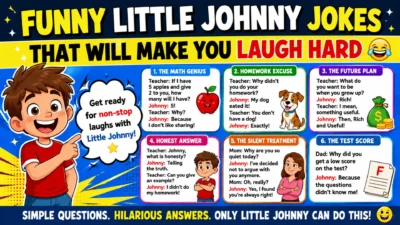 Funny Little Johnny telling a hilarious joke in a classroom while classmates and the teacher laugh together in a lighthearted, family-friendly scene.