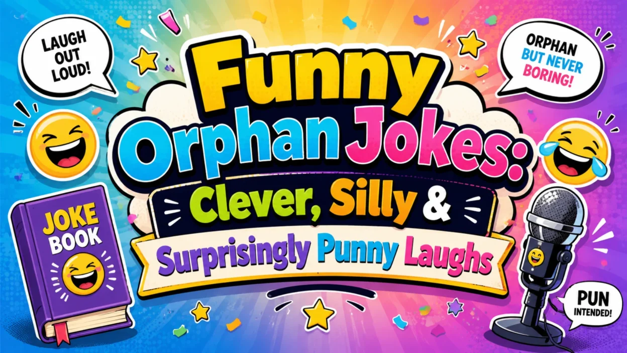 Funny orphan jokes illustration featuring playful cartoon characters sharing lighthearted, pun-filled humor in a cheerful setting.