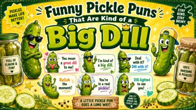 Funny pickle puns with smiling pickles and playful wordplay that are kind of a big dill.