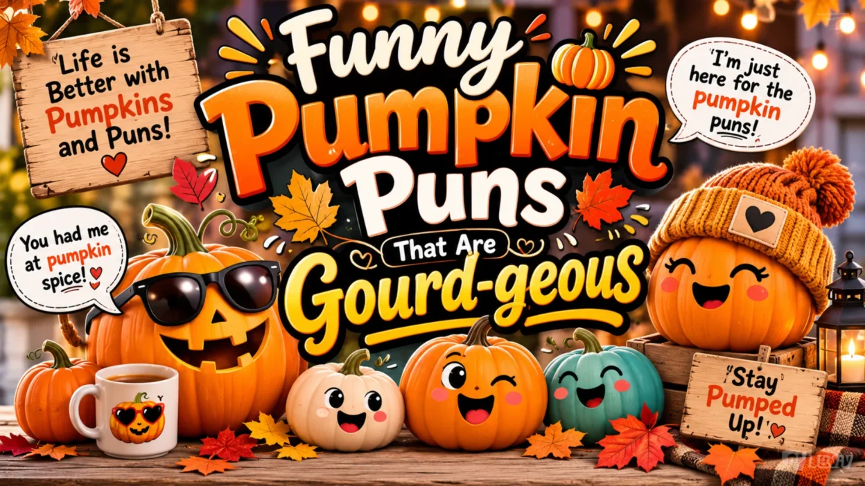 Funny Pumpkin Puns That Are Gourd-geous with cute smiling pumpkins, colorful autumn leaves, and festive fall decorations
