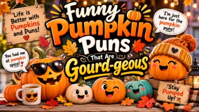 Funny Pumpkin Puns That Are Gourd-geous with cute smiling pumpkins, colorful autumn leaves, and festive fall decorations