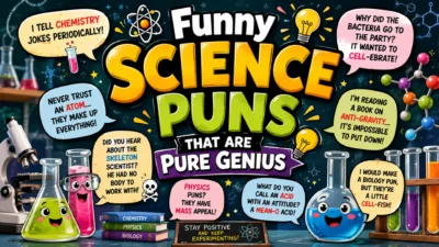 Funny Science Puns That Are Pure Genius featuring colorful laboratory equipment, smiling beakers, chemistry flasks, molecules, and playful science-themed jokes