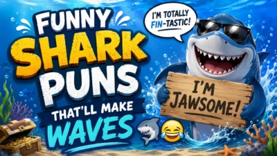 Funny Shark Puns featured image with a smiling cartoon shark, ocean waves, and playful underwater background.