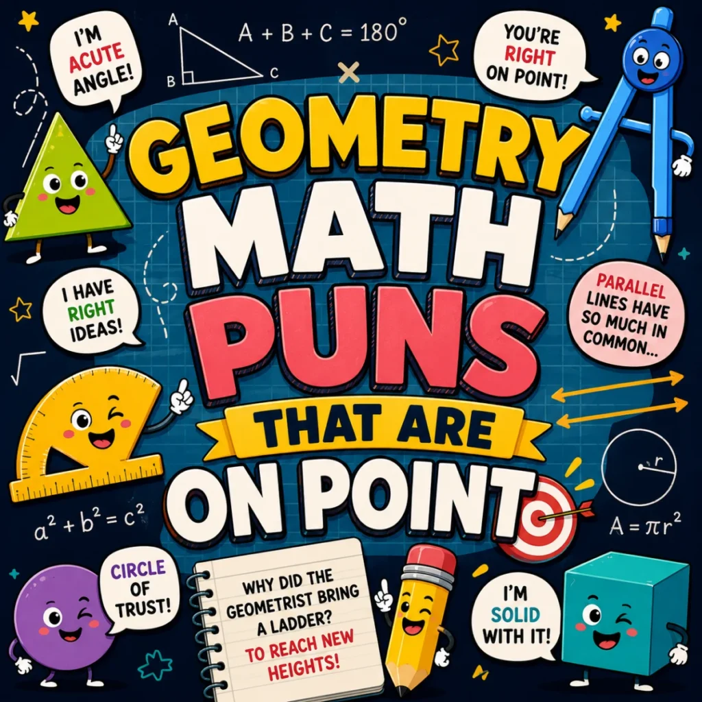 Colorful 1200×1200 illustration featuring playful geometry shapes, protractor, compass, triangle, circle, equations, and the title "Geometry Math Puns That Are on Point" for a funny geometry puns collection.