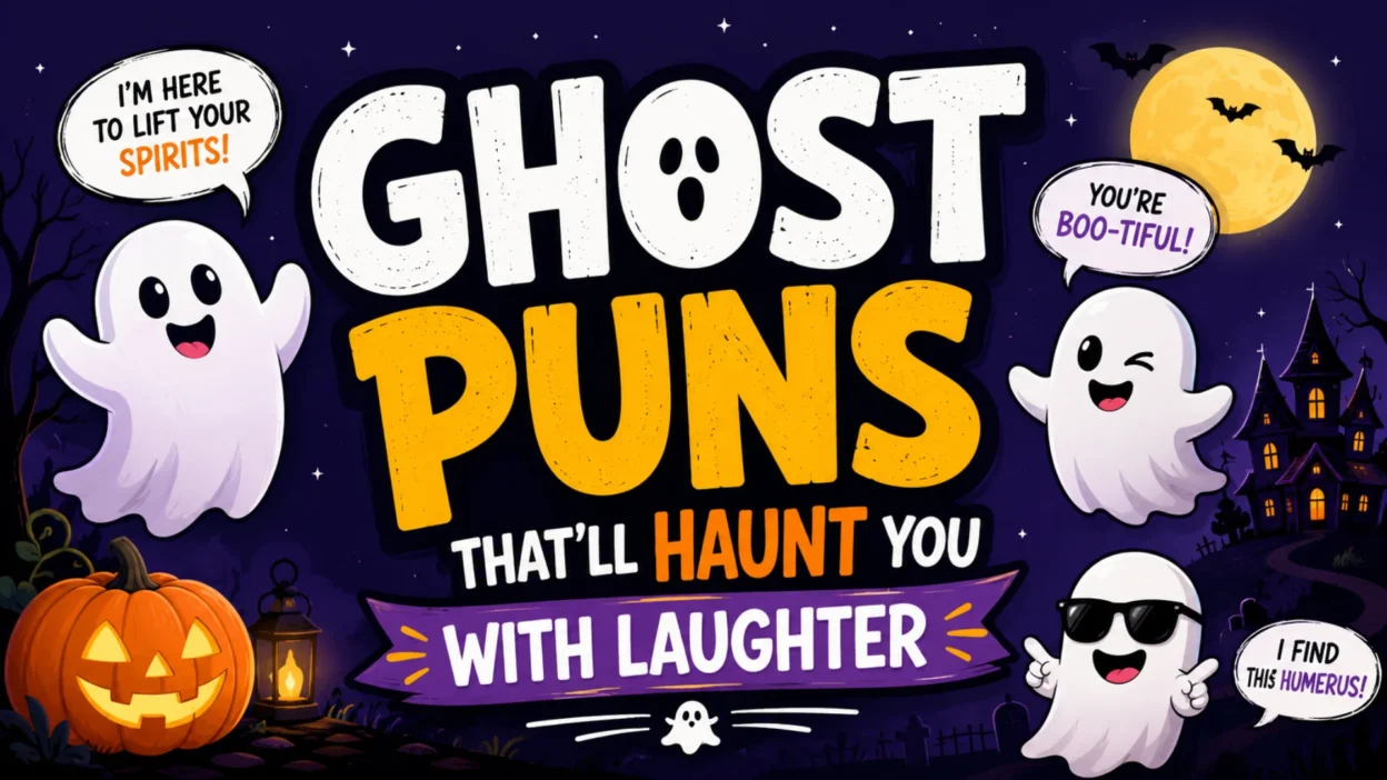 Ghost Puns That'll Haunt You With Laughter featuring cute cartoon ghosts, pumpkins, a haunted house, and funny spooky sayings.
