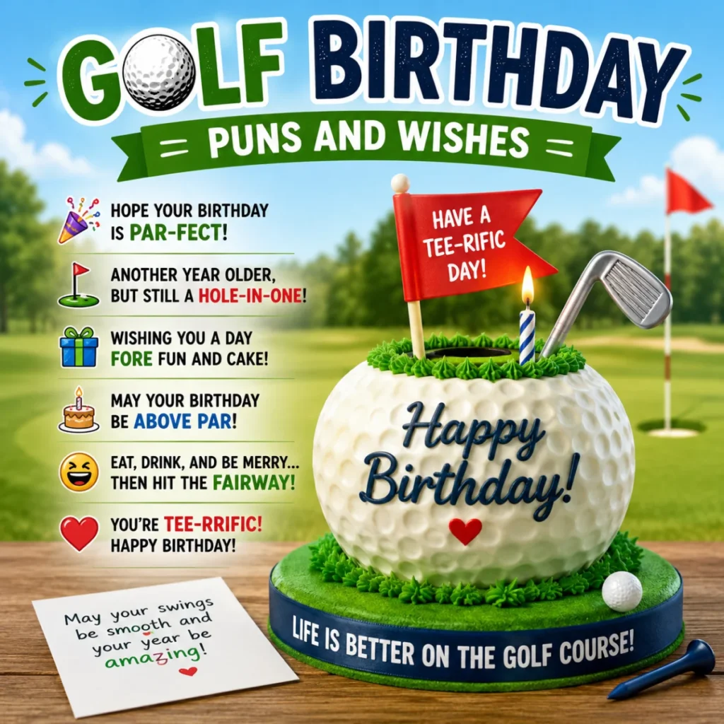 Golf Birthday Puns and Wishes illustration featuring a golf ball birthday cake, golf club, flag, and funny golf-themed birthday messages on a sunny golf course.