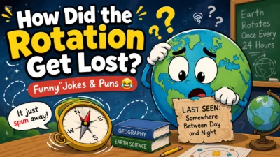 How Did the Rotation Get Lost? Funny cartoon featuring a confused Earth, spinning compass, and science jokes illustration.