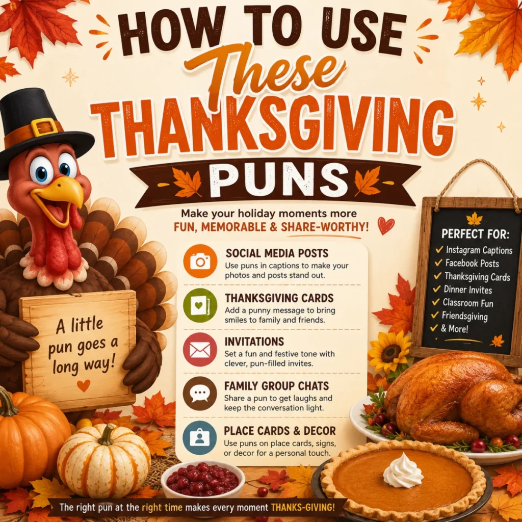 A cheerful Thanksgiving-themed graphic showing fun ways to use Thanksgiving puns in cards, captions, party signs, and family messages.