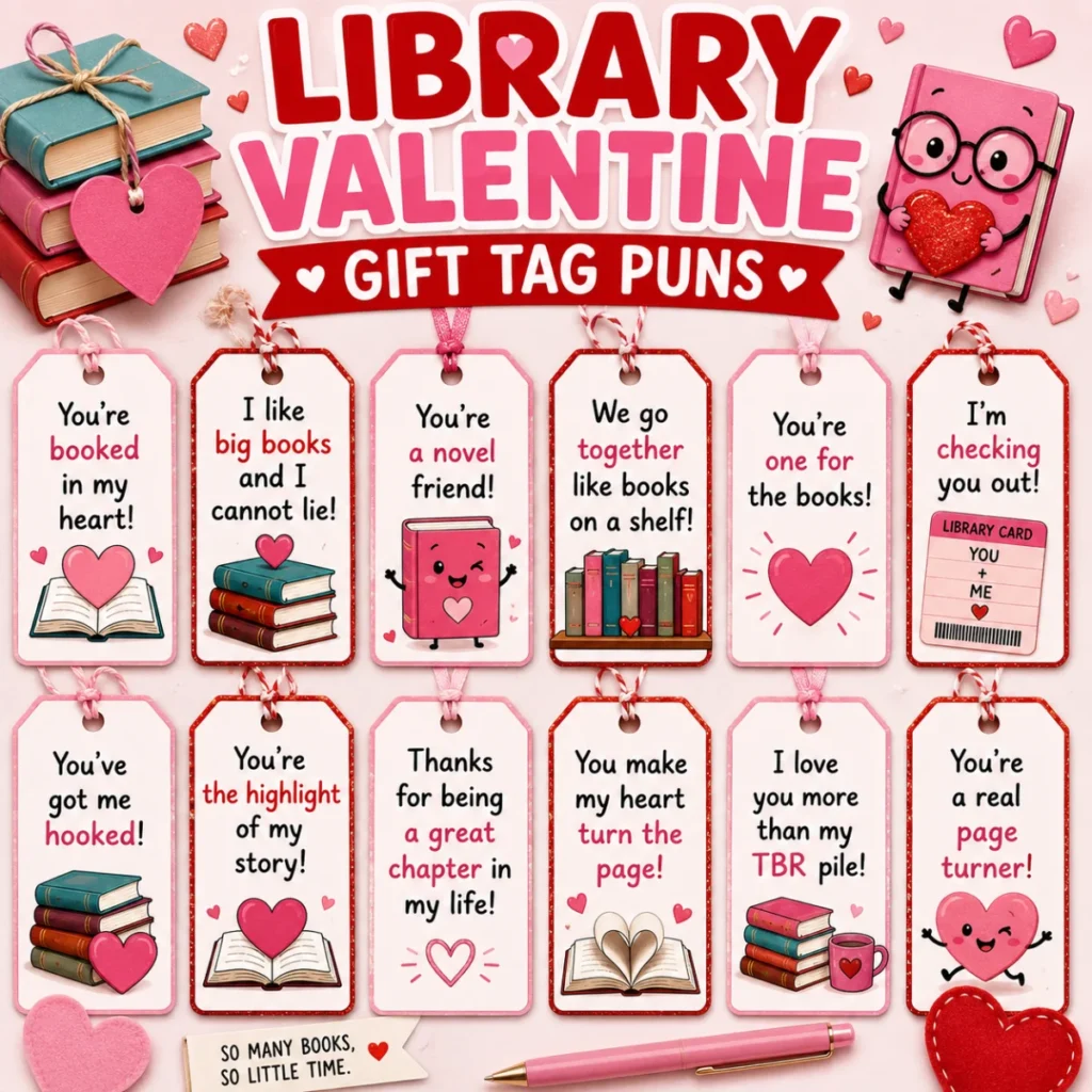 Colorful library-themed Valentine's gift tag graphic featuring book-inspired puns, heart-shaped gift tags, stacked books, and cute literary Valentine's messages.
