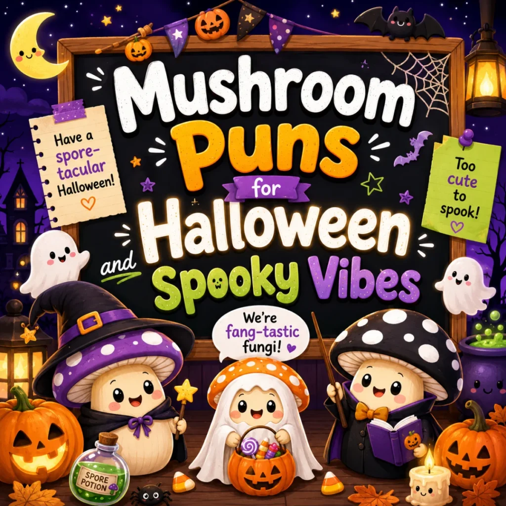Spooky mushroom pun graphic with Halloween mushrooms, ghosts, and eerie forest decorations