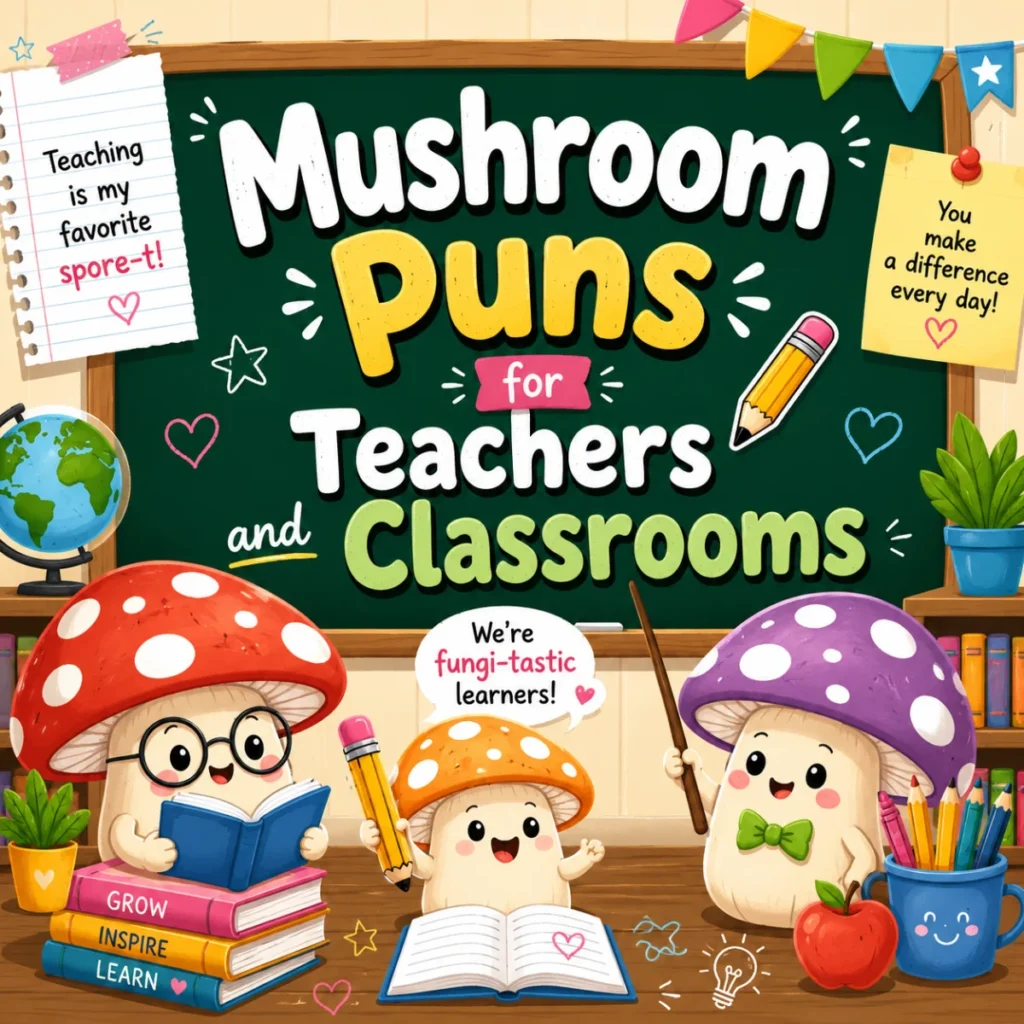 Fun mushroom pun graphic for teachers and classrooms with playful school-themed design