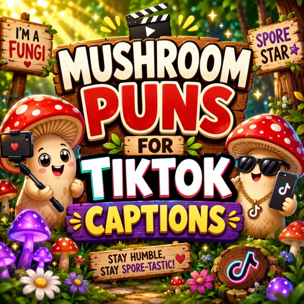 Cute mushroom characters with funny TikTok caption puns in a colorful social media graphic