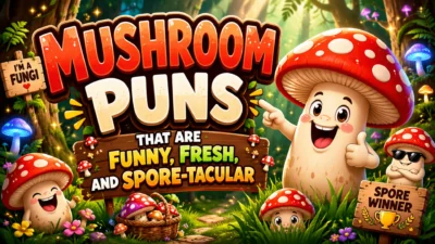 Funny mushroom puns with colorful mushrooms and a playful spore-tacular theme