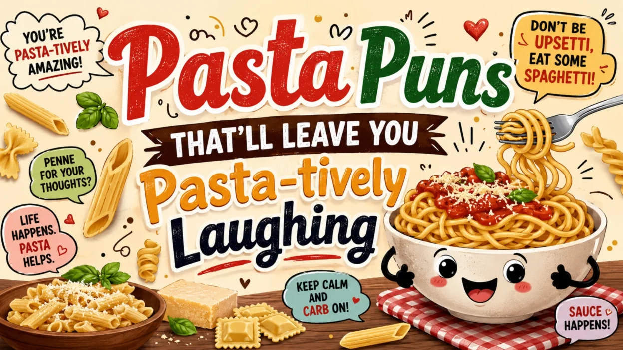 A colorful bowl of spaghetti with smiling pasta characters and playful typography for Pasta Puns That'll Leave You Pasta-tively Laughing, featuring funny pasta jokes and Italian food humor.