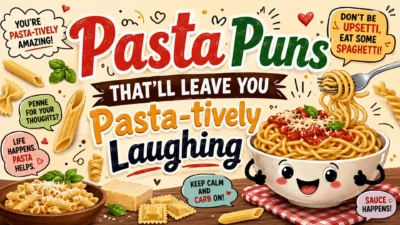 A colorful bowl of spaghetti with smiling pasta characters and playful typography for Pasta Puns That'll Leave You Pasta-tively Laughing, featuring funny pasta jokes and Italian food humor.