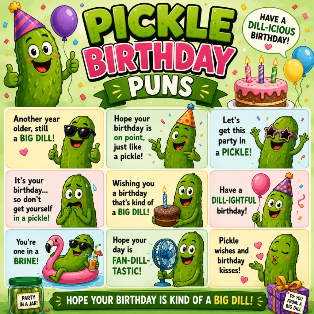 Pickle birthday puns featuring cheerful cartoon pickles, party hats, balloons, and festive birthday humor.