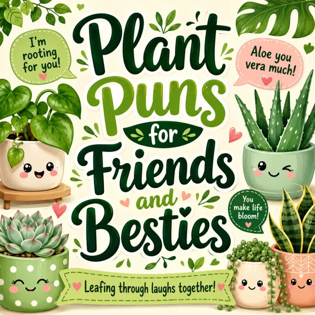 Square graphic with cute smiling potted plants and the text “Plant Puns for Friends and Besties.”