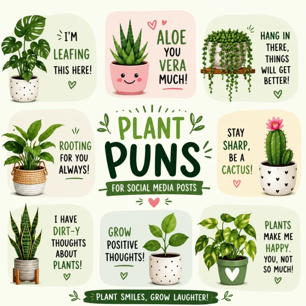 Colorful plant puns for social media posts featuring cute houseplants, cacti, and funny botanical quotes.