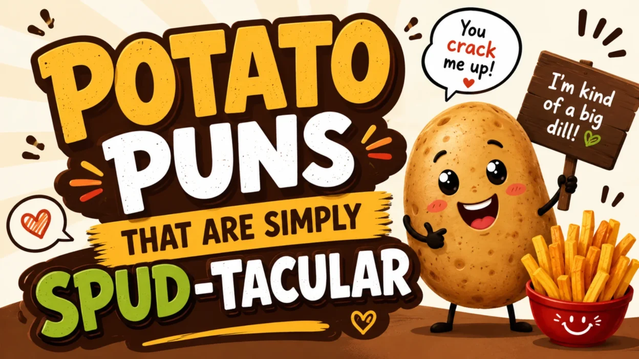 Funny cartoon banner featuring a smiling potato holding a sign beside crispy French fries with the title "Potato Puns That Are Simply Spud-Tacular" on a bright 1920×1080 background.