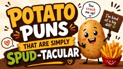 Funny cartoon banner featuring a smiling potato holding a sign beside crispy French fries with the title "Potato Puns That Are Simply Spud-Tacular" on a bright 1920×1080 background.