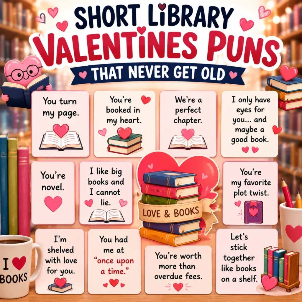 Cute square graphic featuring short library Valentine's puns with books, hearts, cozy library shelves, and funny book-themed Valentine jokes for readers and librarians.