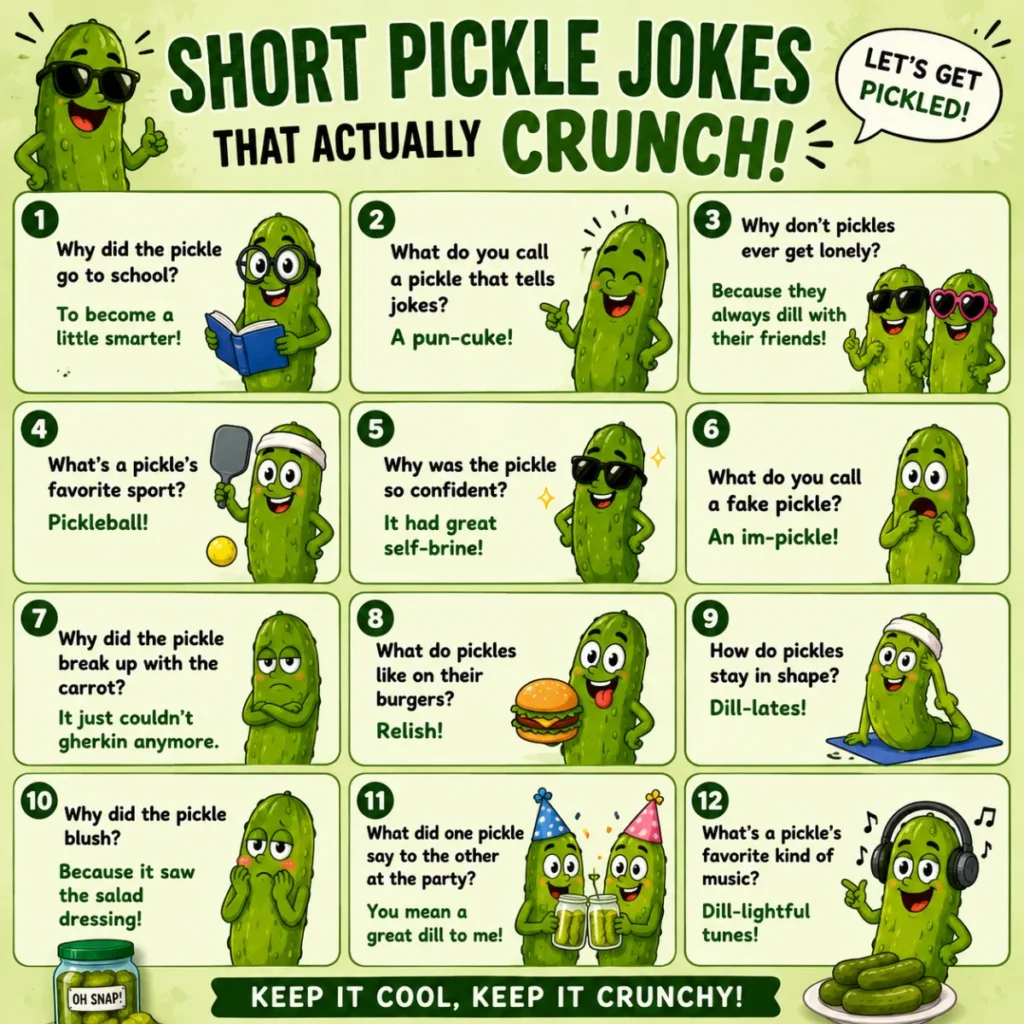 Short pickle jokes with smiling cartoon pickles, crunchy humor, and fun food-themed wordplay for kids and adults.