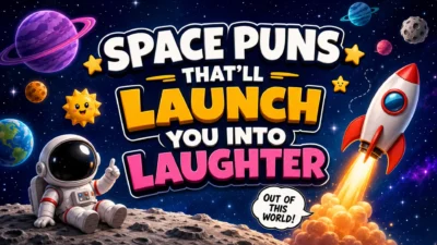 A cheerful cartoon astronaut sits on the Moon beside a launching rocket, colorful planets, and stars, illustrating funny space puns that will launch you into laughter.