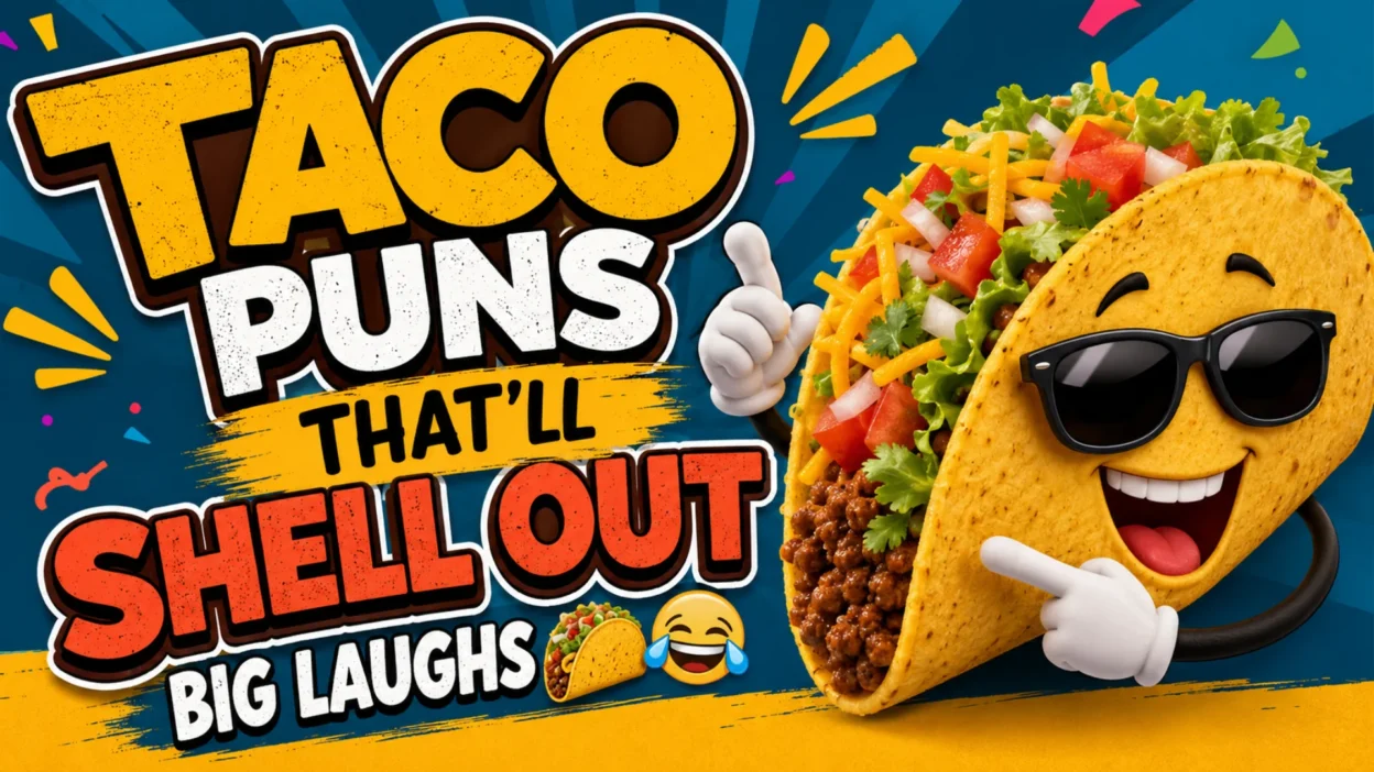Funny taco puns hero banner featuring a smiling taco character with sunglasses and the headline Taco Puns That'll Shell Out Big Laughs.